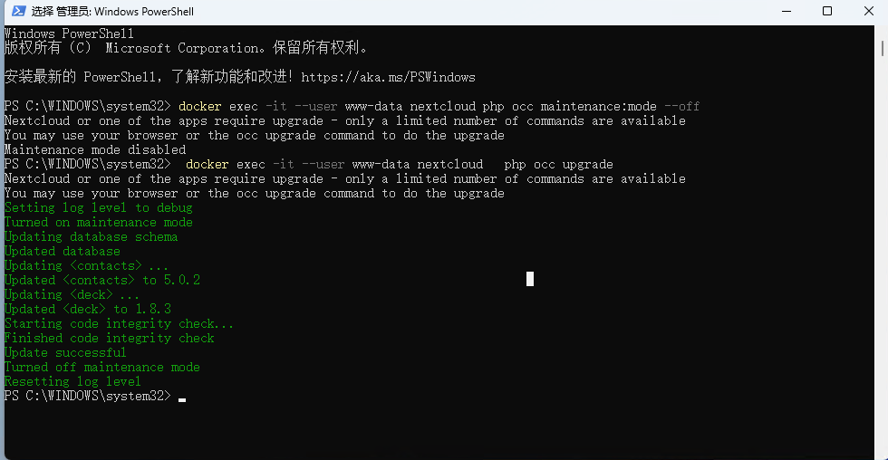 docker exec -it --user www-data nextcloud php occ upgrade