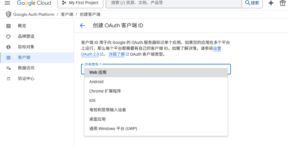 Google OAuth 2.0 选择应用类型